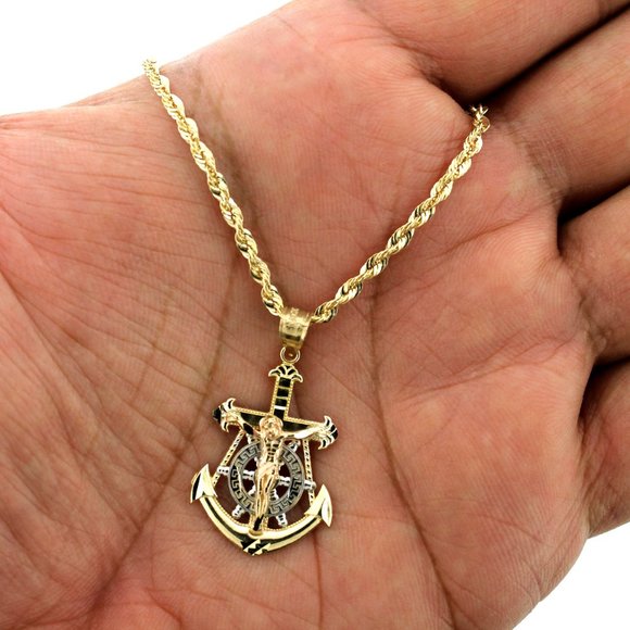 10K Real Gold Rope Chain and Anchor Cross Pendant Set - Picture 1 of 10